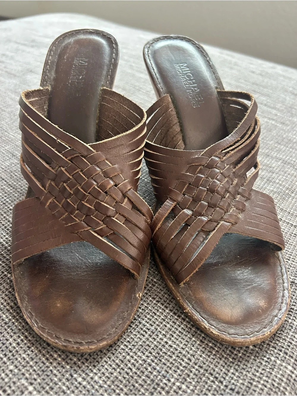 MICHAEL Michael Kors Women's Brown Woven Leather Slide Wedges 3 1/2 inches
